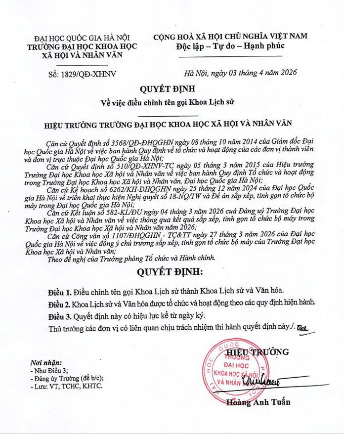 THÔNG BÁO: ĐIỀU CHỈNH TÊN GỌI KHOA LỊCH SỬ